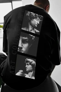 Baskılı Oversize Bisiklet Yaka T-shirt - Siyah