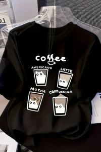 Baskılı Oversize Bisiklet Yaka T-shirt - Siyah