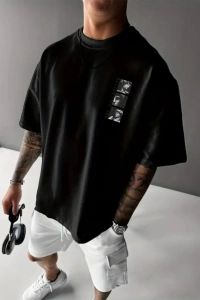 Baskılı Oversize Bisiklet Yaka T-shirt - Siyah