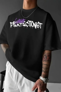 Baskılı Oversize Bisiklet Yaka T-shirt - Siyah