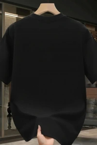 Baskılı Oversize Bisiklet Yaka T-shirt - Siyah