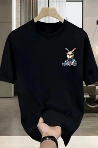 Baskılı Oversize Bisiklet Yaka T-shirt - Siyah