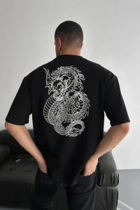 Baskılı Oversize Bisiklet Yaka T-shirt - Siyah
