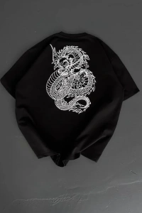 Baskılı Oversize Bisiklet Yaka T-shirt - Siyah