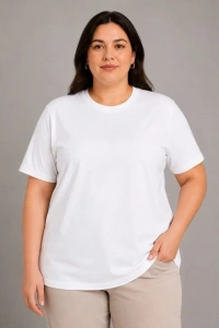 Battal Big Size Basic Tişört Bisiklet Yaka Rahat Kalıp T-Shirt - Beyaz