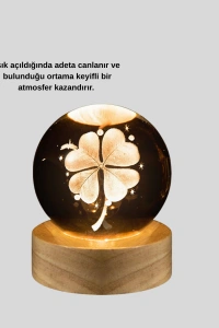 Bitki Temalı LED Işıklı Cam Küre Ahşap Standlı Modern Gece Lambası