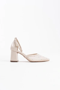 Borie Bej Tekstil Kumaş Taşlı Kadın Topuklu Ayakkabı