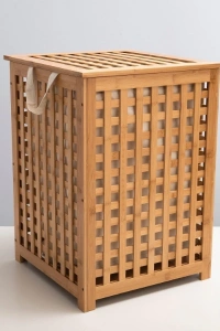 Büyük Boy Ahşap Bambu Kirli Sepeti 45x45x62