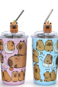 Capybara Figürlü Isı Muhafazalı Metal Pipetli Paslanmaz Çelik Kupa