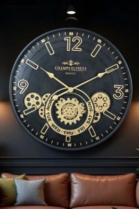 Çarklı Duvar Saati Altın Rengi Detaylı 59 cm