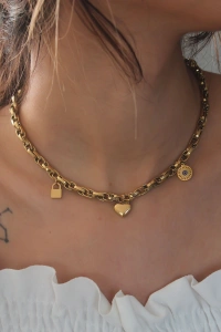 Çelik Gold Renk Kalın Zincir Model Kalp Figür Kadın Kolye