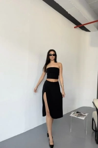 Cepli Şortlu Yırtmaçlı Etek - Siyah