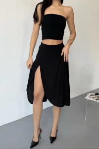 Cepli Şortlu Yırtmaçlı Etek - Siyah