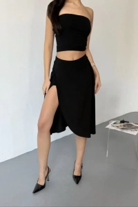 Cepli Şortlu Yırtmaçlı Etek - Siyah