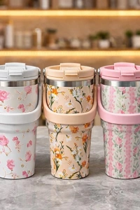 Çiçek Desenli 700 ml Taşıma Kulplu Paslanmaz Çelik Termos Mug Bardak