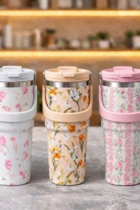 Çiçek Desenli 900 ml Taşıma Kulplu Paslanmaz Çelik Termos Mug Bardak