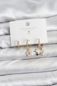 Çiçek Model Gold Renk Pirinç 3lü Kadın Küpe Seti