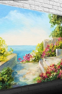 Çiçekli Taş Teras ve Deniz Manzarası  Yağlıboya Kanvas Tablo 50 x 70