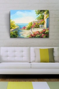 Çiçekli Taş Teras ve Deniz Manzarası  Yağlıboya Kanvas Tablo 50 x 70