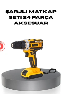 Çift Bataryalı Darbeli Şarjlı Matkap Seti – Metal Dişli, 24 Parça Aksesuar ve LED Işıklı