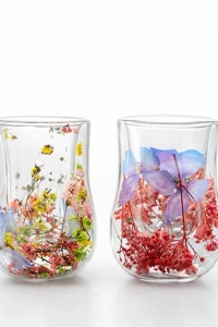 Çift Camlı Çiçekli Su Bardağı
