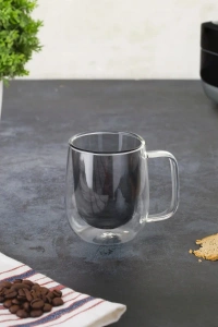 Çift Cidarlı Cam Kupa Gri Renk