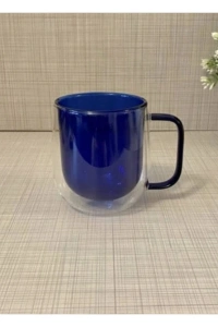 Çift Cidarlı Cam Kupa Lacivert Renk