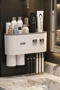 Çift Dispenserli Diş Macunu Sıkacağı 6 Fırçalık Bardaklı Banyo Organizer