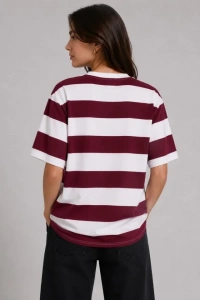 Çizgili Oversize Tişört Bisiklet Yaka Kısa Kol Yazlık T-Shirt - Bordo