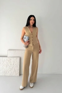 Çizgili Tansel Kumaş Yelek Pantolon İkili Takım Ofis Şık Modern - Bej