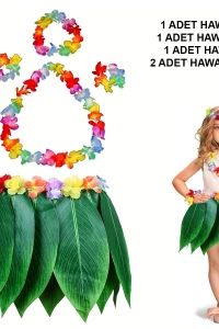 Çocuk Hawaii Kostüm Seti - Yaprak Etek & Hawaii Set - 5 Parça