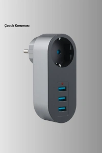 Çocuk Korumalı Termal Priz – 3lü USB Şarj ve Akım Koruması