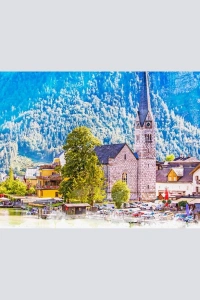 Dağ ve göl temalı Kasaba Yağlıboya Görünümlü Kanvas Tablo 60 x 120