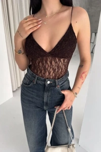 Dantel Detaylı Derin Dekolte Body Şık Kolsuz Yazlık Bodysuit - Kahvrenegi