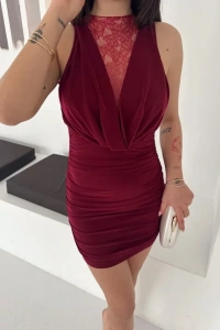 Dantel Detaylı Derin Dekolte Drapeli Mini Elbise Şık Kolsuz - Bordo