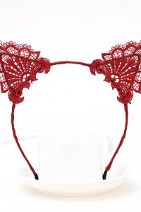 Dantelli Kırmızı Kedi Tacı - Vintage Tarz Dantel Kedi Kulak