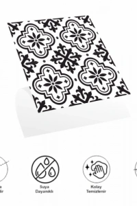 DecoHandy  Pvc Duvar Karosu 30x30cm 4lü Paket - Siyah Beyaz Çini Desen  0,36m2