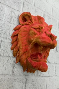 Dekoratif Asılabilir Aslan Başı 3D Duvar Heykeli Gold Red 20x21 cm