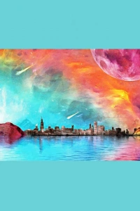 Deniz , Ay ve Şehir Silüeti Kanvas Tablo 60 x 120