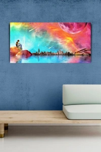 Deniz , Ay ve Şehir Silüeti Kanvas Tablo 60 x 120