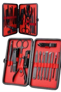 Deri Çantalı Siyah Paslanmaz Çelik 17 Parça Manikür Pedikür Seti