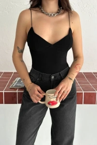 Derin Dekolte Askılı Body Sırt Dekolteli Şık Kolsuz Yazlık Bodysuit - Siyah