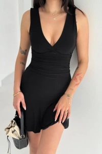 Derin V Yaka Sırt Dekolteli Mini Elbise Drapeli Şık Kolsuz - Siyah