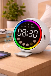 Dijital Çalar Saat - Bluetooth Özellikli Mini Hoparlör - USB Şarjlı - Işıklı