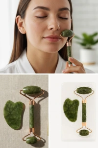 Doğal Yeşim Taşı Yüz Masaj Roller ve Gua Sha Seti 2 Parça