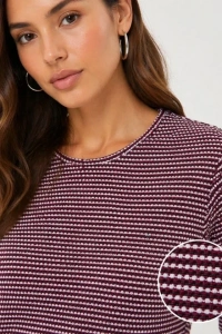Dokulu Çizgili Uzun Kollu Tişört Oval Kesim Basic Rahat Kalıp Bluz - Bordo
