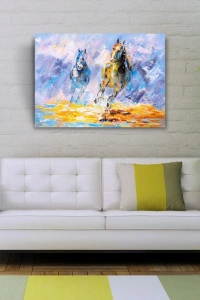 Dörtnala İki At Sarı ve Mavi Tonlarda Yağlıboya Kanvas Tablo 50 x 70