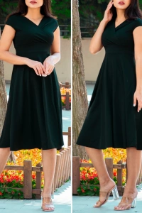 Düşük Omuz Eteği Pileli Krep Kumaş Midi Boy Elbise