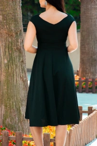 Düşük Omuz Eteği Pileli Krep Kumaş Midi Boy Elbise