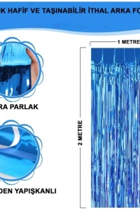 Ekstra Metalize Mavi Renk Saçaklı Arka Fon Perde 1x2 metre